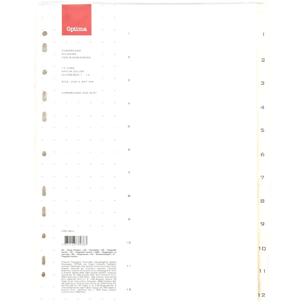 Pregradni karton A4, št. 1-12, natur 