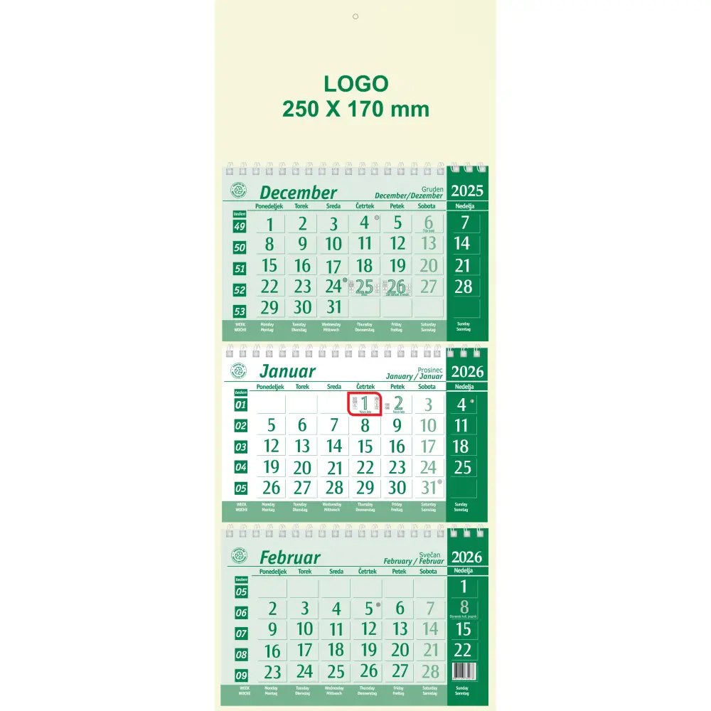 Koledar Tridelni Špiralni Eko zelen 2026